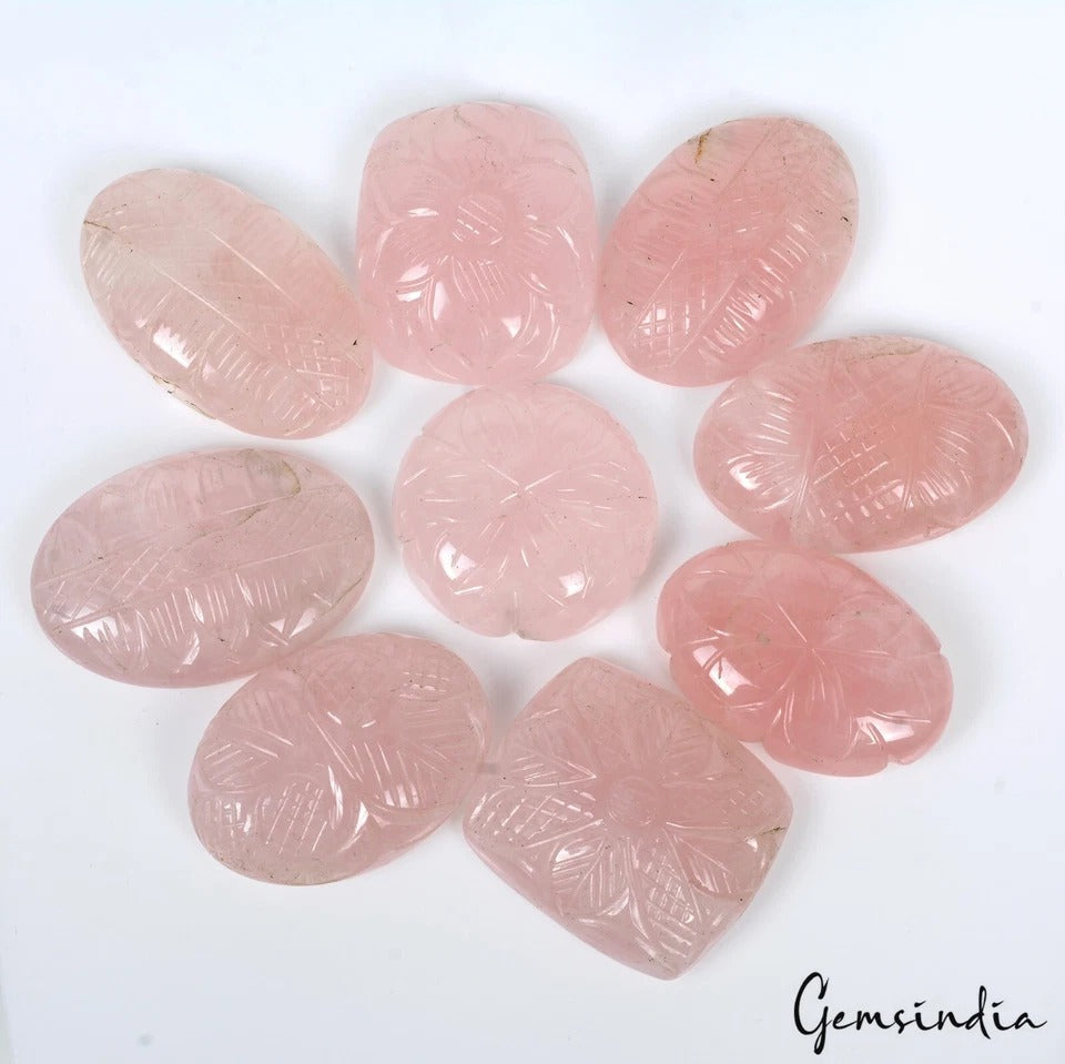 660 Ct/9 Pcs Natural Untreated Pink Rose Quartz Hand Carved Gems Lot For Jewelry