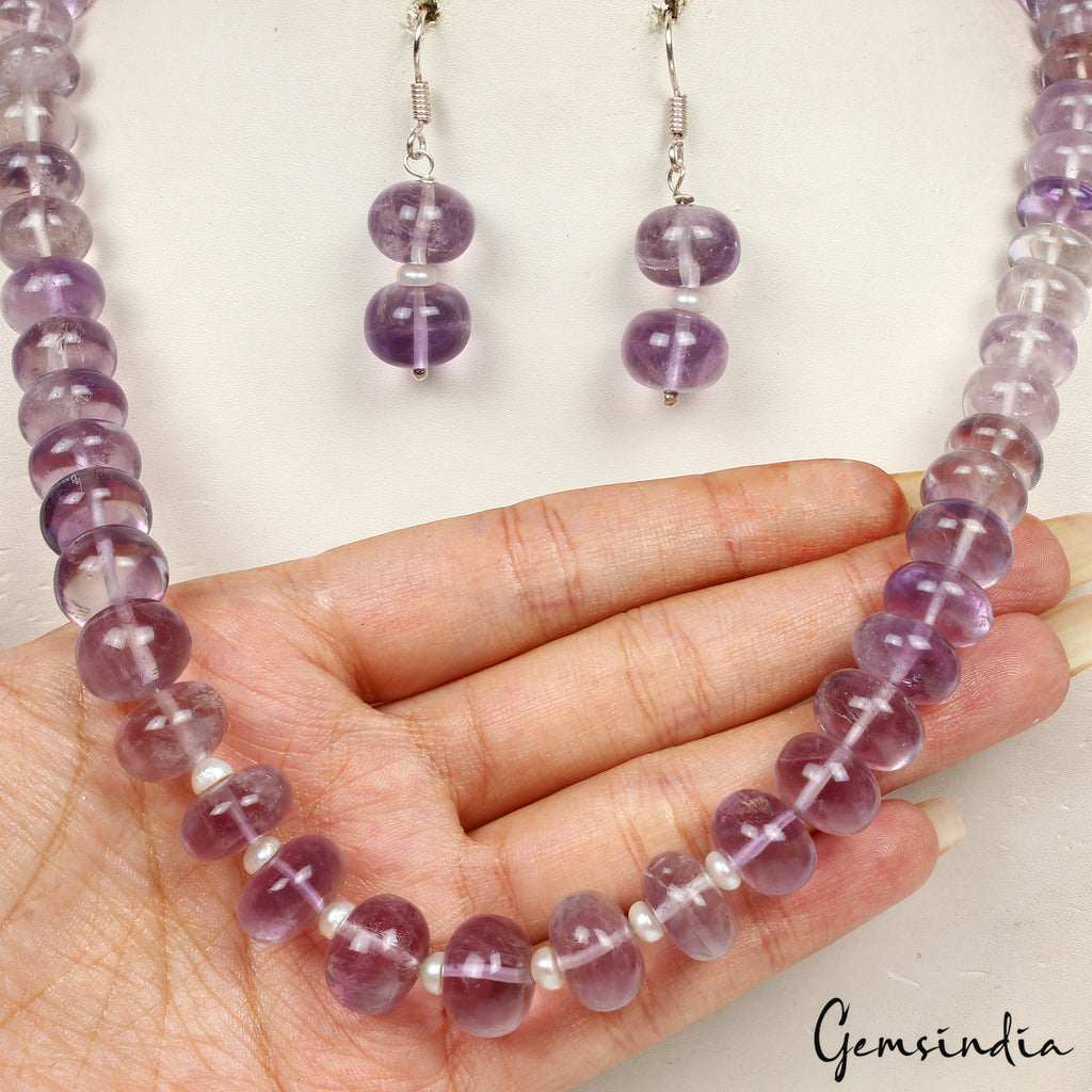 595.50 Ct Pearl & Purple Amethyst Round Beaded Handmade 19" Necklace & Earrings