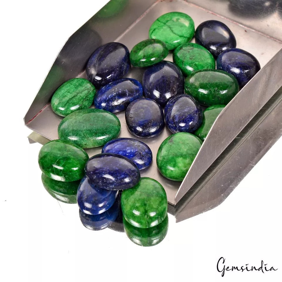 470 Ct/20 Pcs Natural Green Emerald Blue Sapphire Oval Cabochon Loose Gemstones