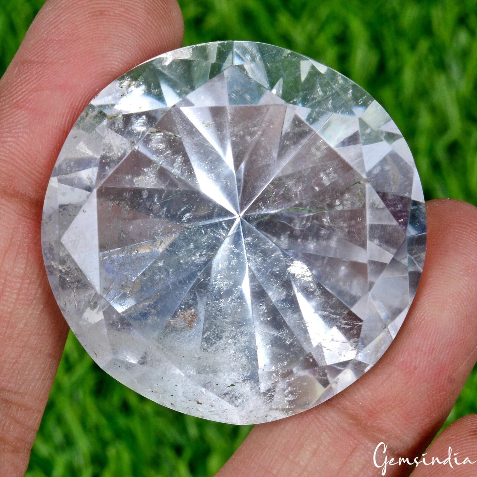 219.80 Cts Natural Untreated White Quartz Round Diamond Cut 40mm Huge Size Gem