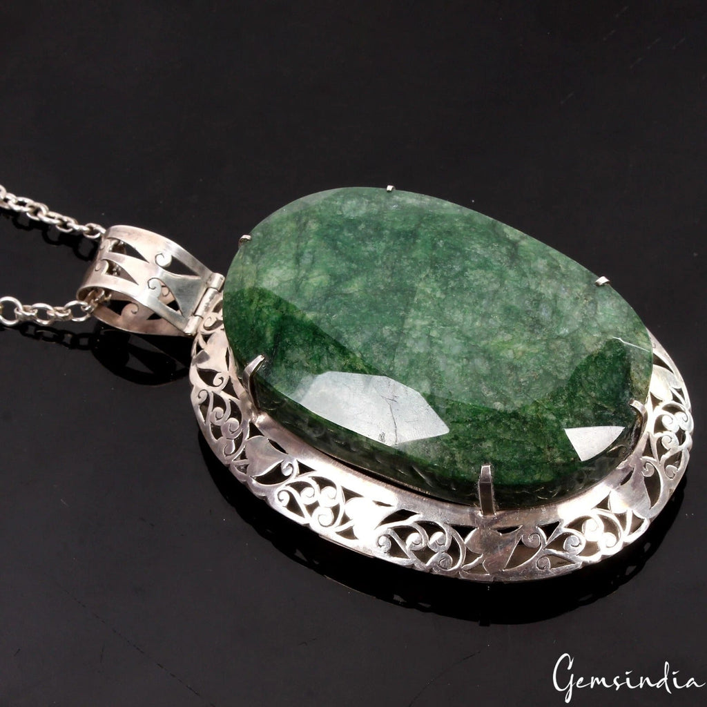 274gm 925Sterling Silver Carving Masterpiece Emerald Oval Gem King Size Pendant