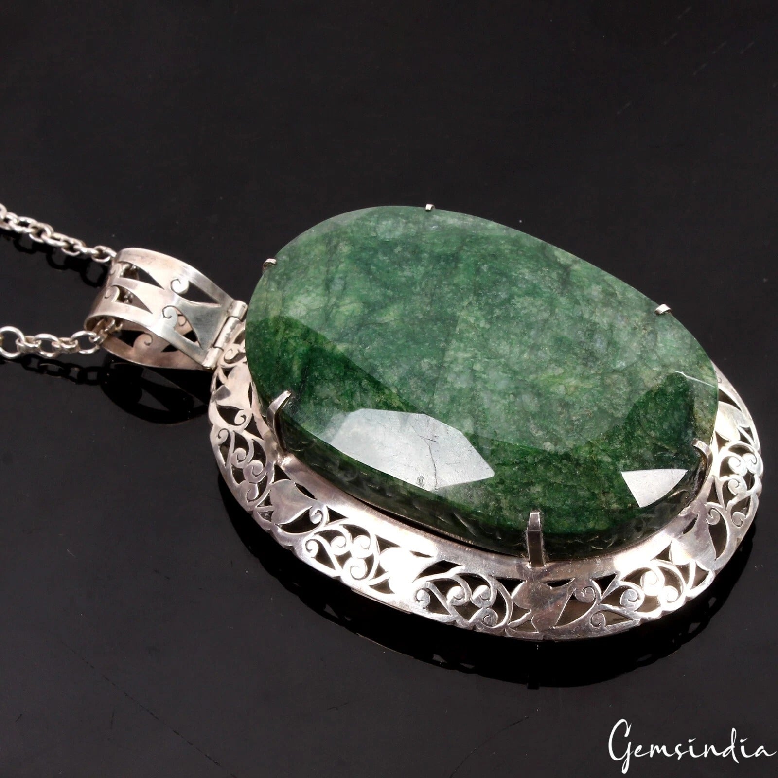 274gm 925Sterling Silver Carving Masterpiece Emerald Oval Gem King Size Pendant