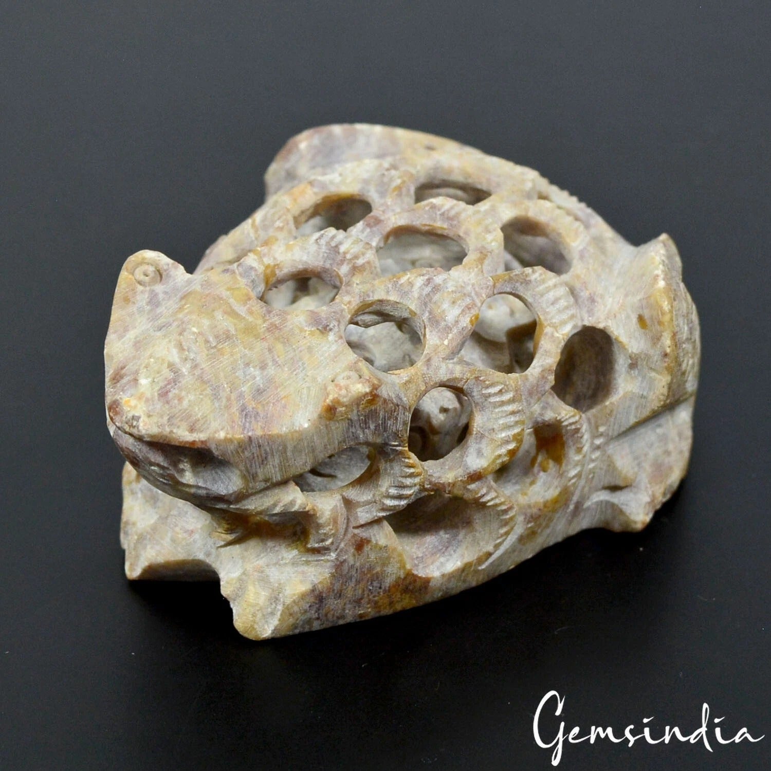 715 Cts Hand Carved Huge Soap Stone Frog-Mother with Baby Frog Inside Sculpture