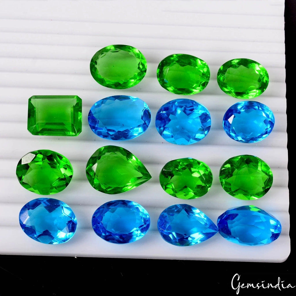 345 Cts/15 Pcs Lab Created Blue Topaz & Peridot Hydro Loose Jewelry Gemstones