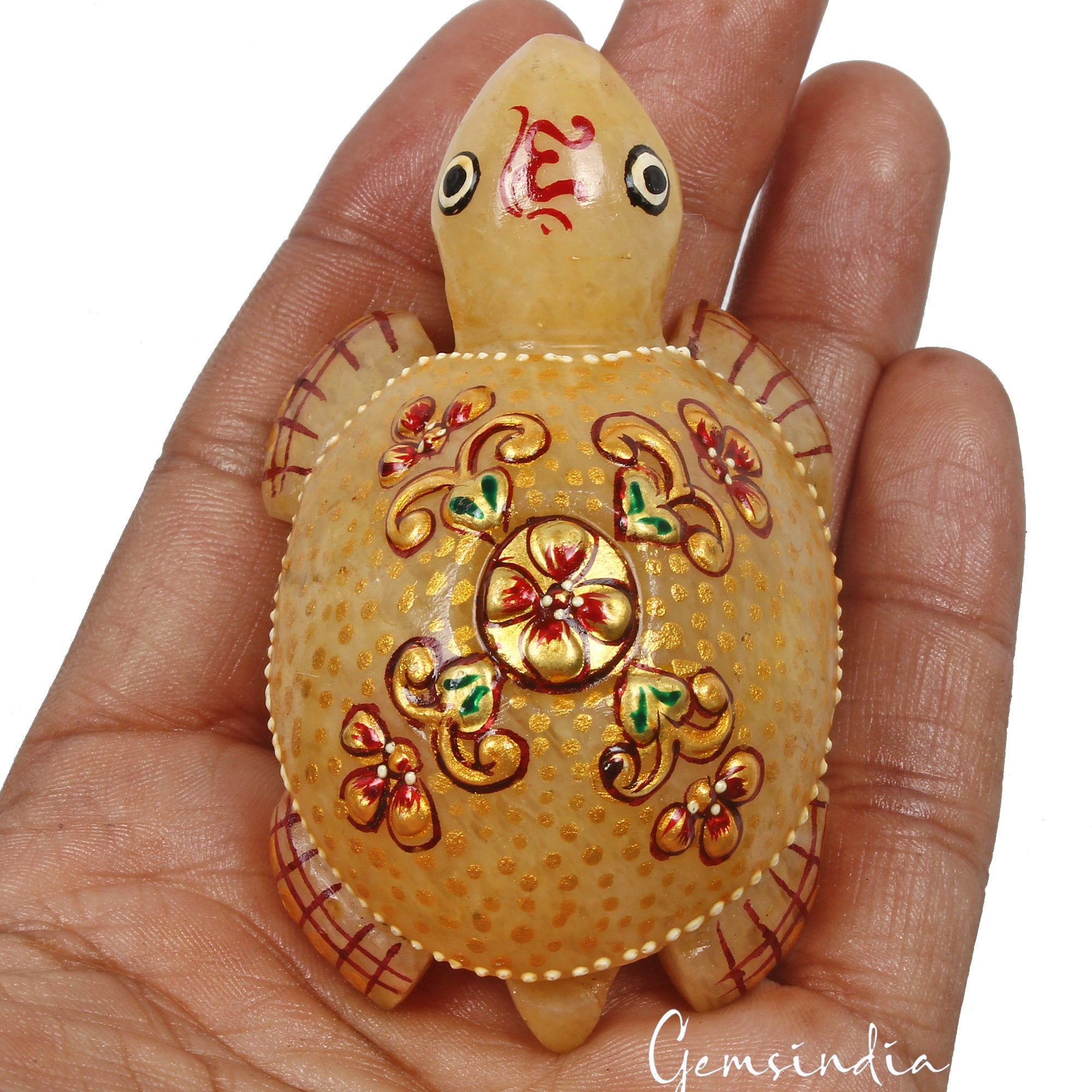 580 Cts Natural Untreated Yellow Aventurine Turtle Carved Golden Patined Statue