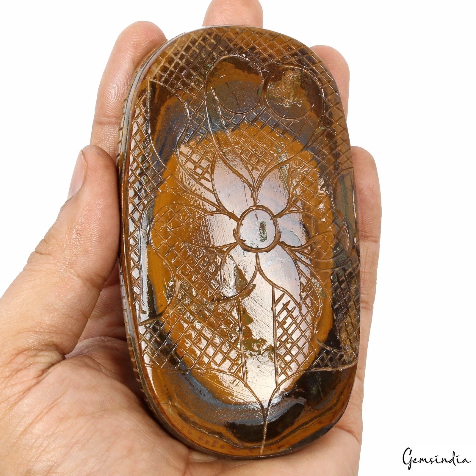 Tiger Eye Carving, Oval Carved, Yellow — 115 x 65 x 20mm, 1730 Ct