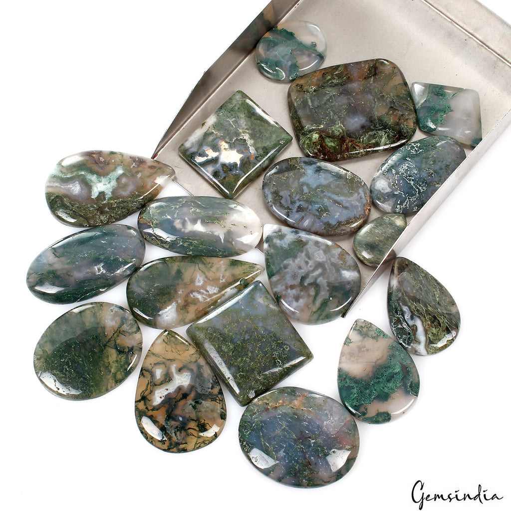 1000 Ct / 18 Pcs Natural Untreated White Green Moss Agate Mix Cab Wholesale Gems