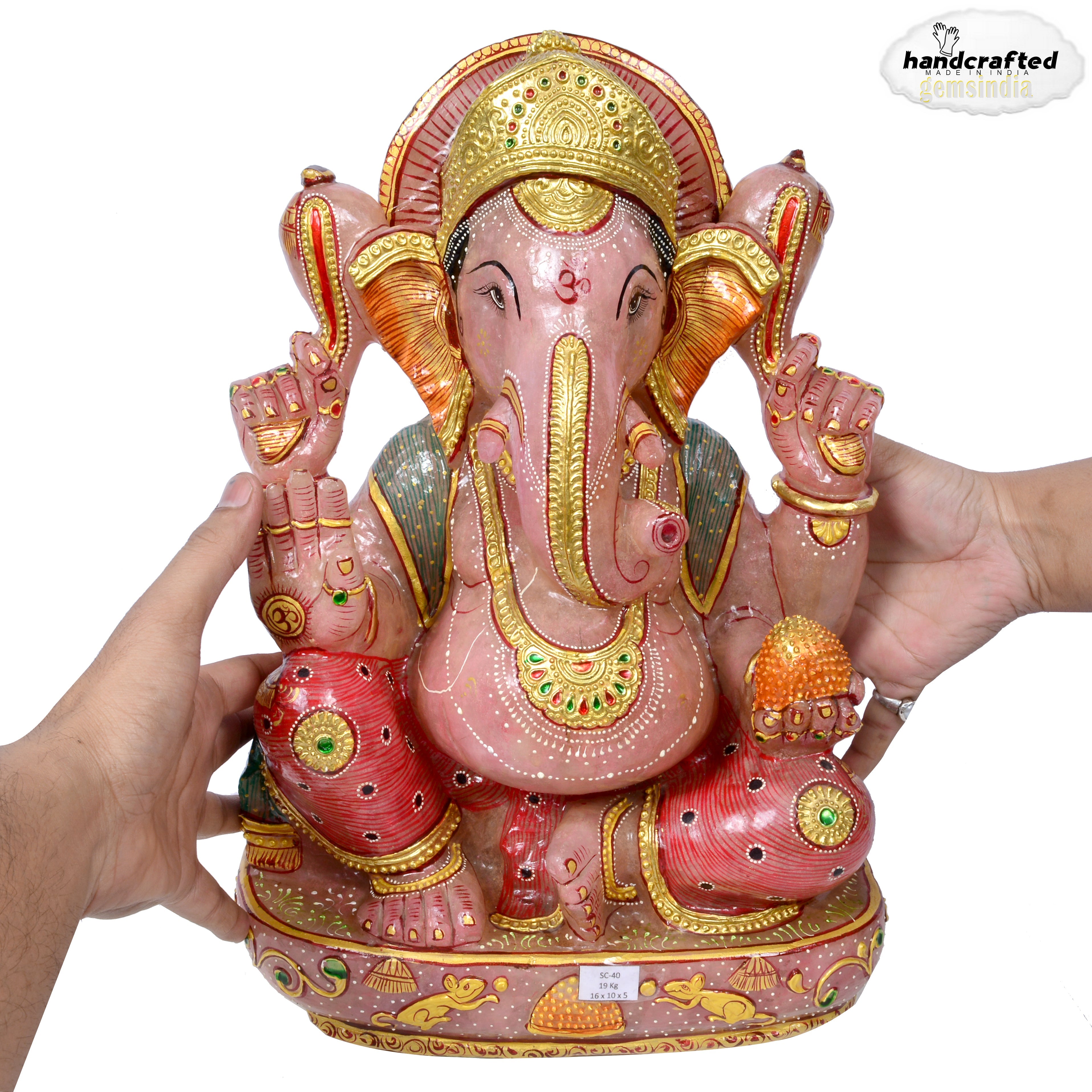 19 Kilo 16” Rose Quartz Huge One Piece Hand Crafted Ganesha Home Idol Sculpture