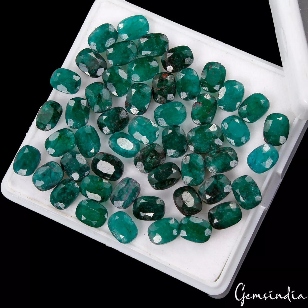 Certified 50 Pcs Natural Green Zambian Emerald Cushion Cut Loose 8x6mm Gemstones