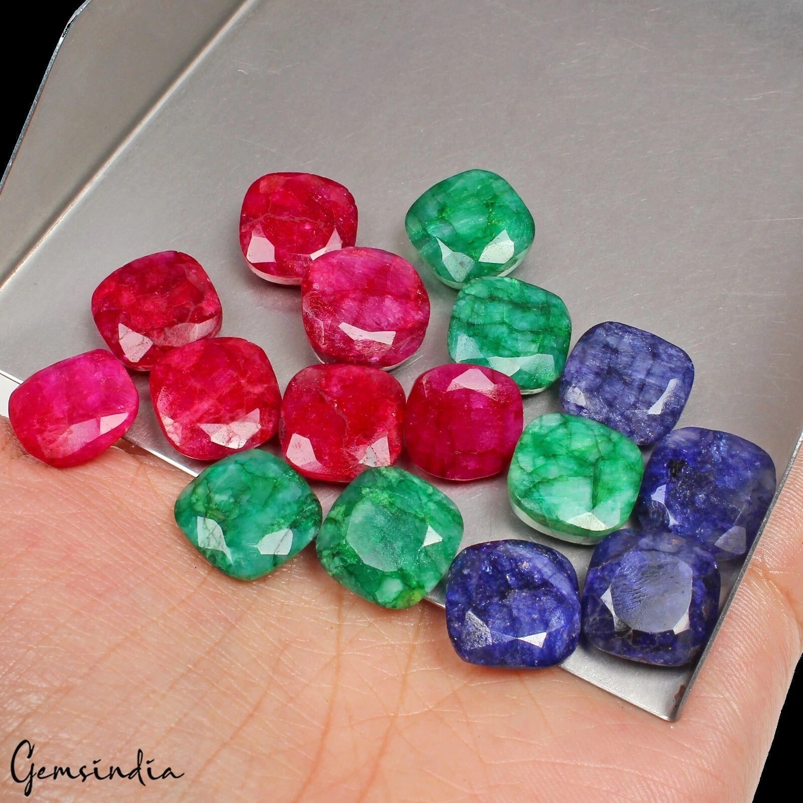 145 Ct/16 Pcs Natural Blue Pink Beryl Green Emerald Cushion Cut Loose Gemstones
