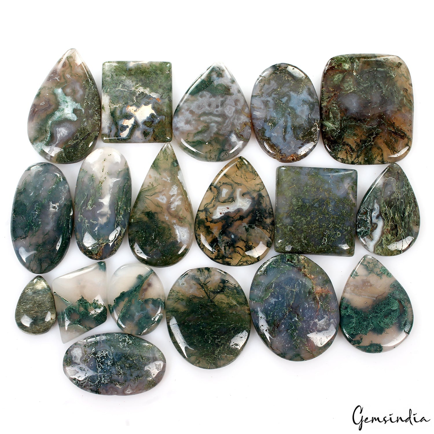 1000 Ct / 18 Pcs Natural Untreated White Green Moss Agate Mix Cab Wholesale Gems
