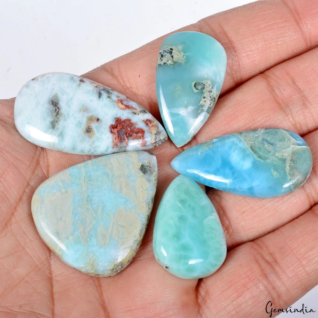 Lot 5 Pcs Dominican Natural Larimar Hi-Quality 25-38mm Pear Cabochon Gemstones