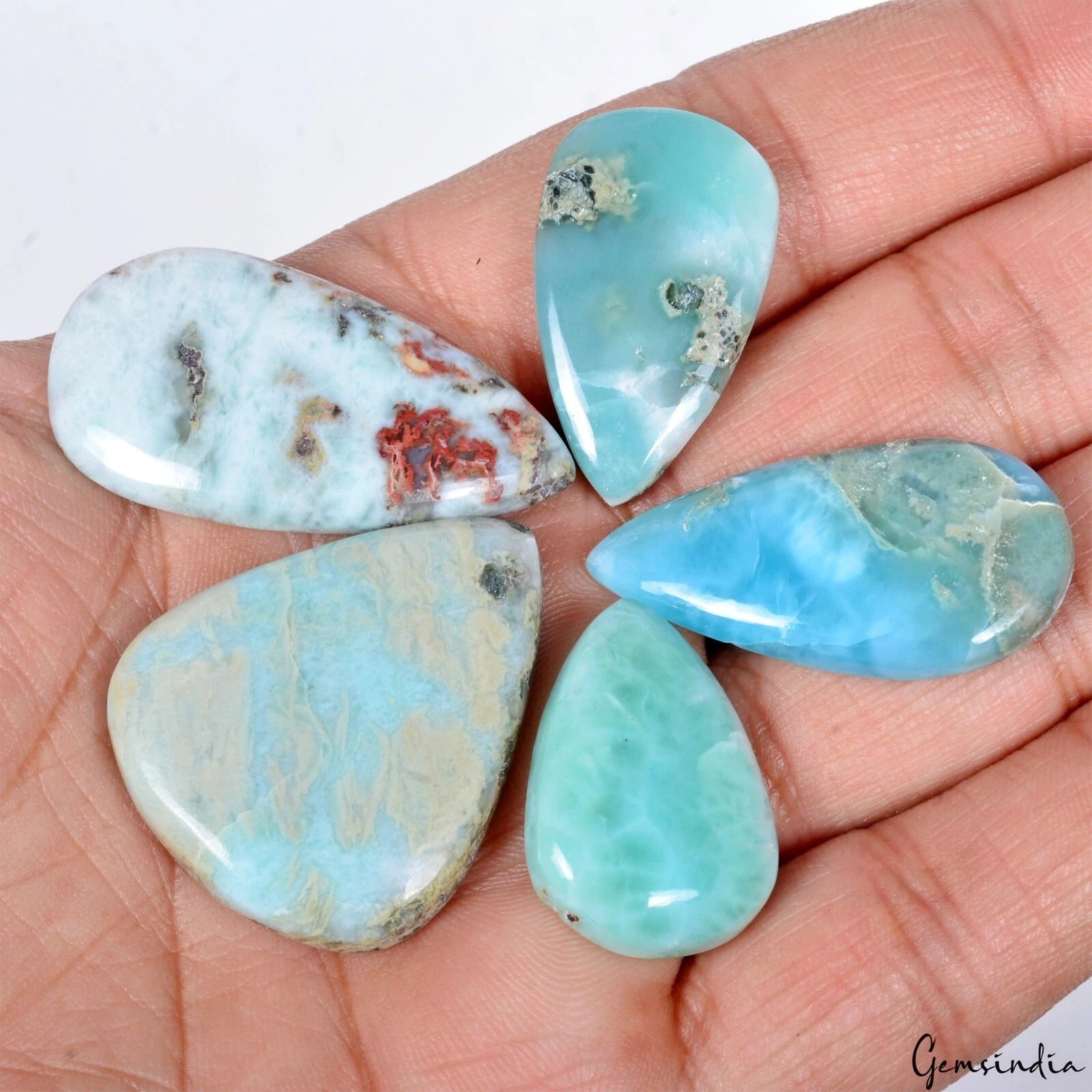 Lot 5 Pcs Dominican Natural Larimar Hi-Quality 25-38mm Pear Cabochon Gemstones