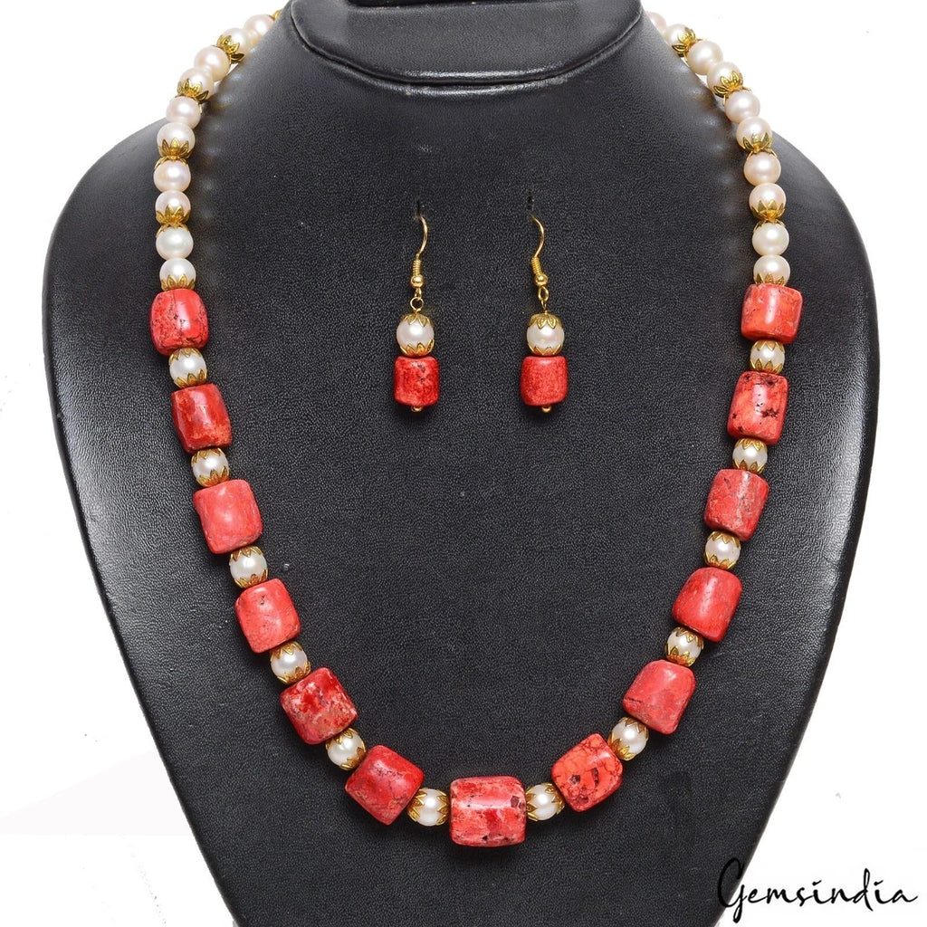 480 Cts Freshwater Pearl Taiwan Coral Gems Beaded Handmade Designer Jewelry Set