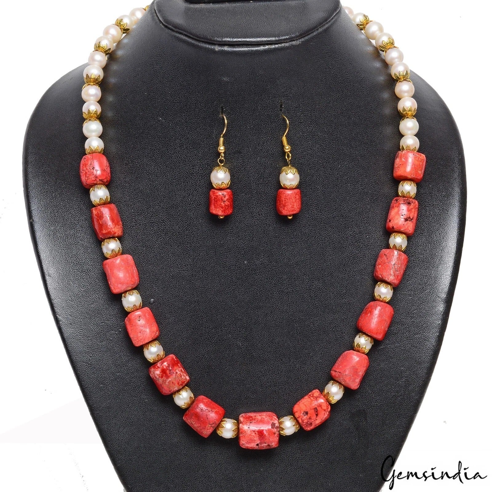 480 Cts Freshwater Pearl Taiwan Coral Gems Beaded Handmade Designer Jewelry Set