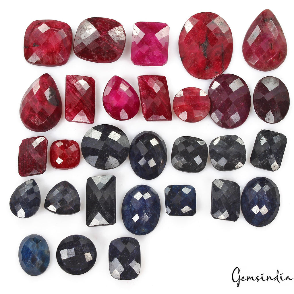 500 Cts/29 Pcs Natural Red Ruby Blue Sapphire Mix Checker Cut Gems For Jewelry