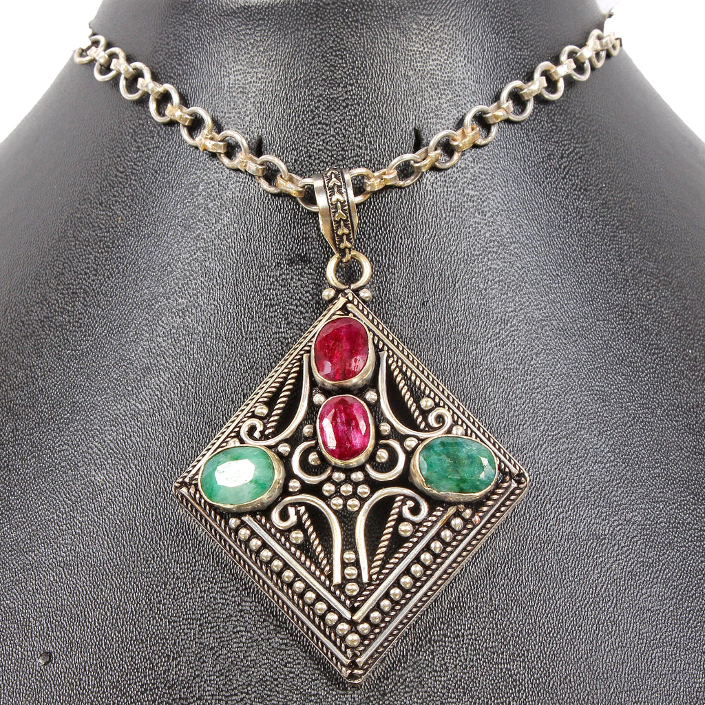 21.20gm Multi Gems Hand Crafted German Silver Pendant Women Jewelry 3 inch