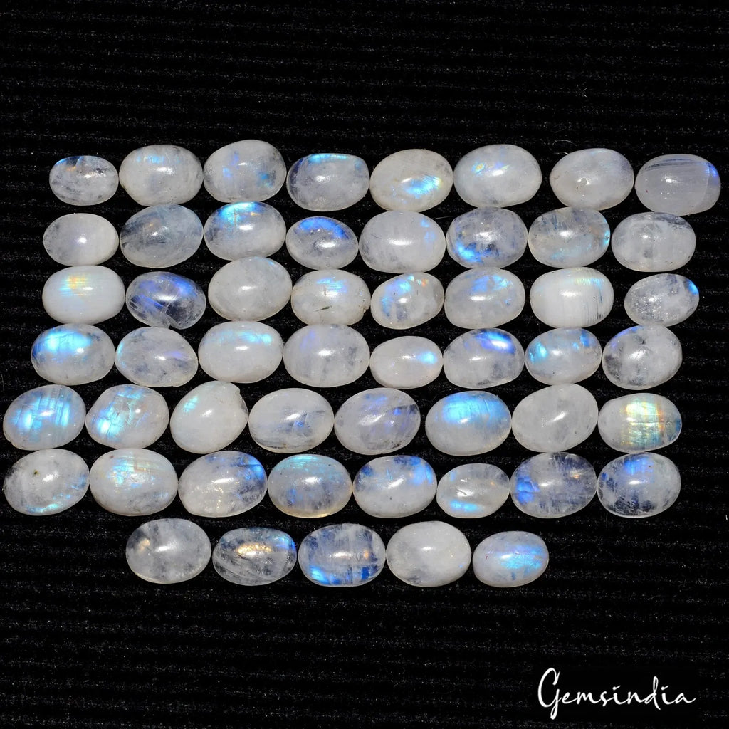 Certified 6-8mm Natural Blue Shine Moonstone Oval Cab Loose Gemstone 53 Pcs Lot