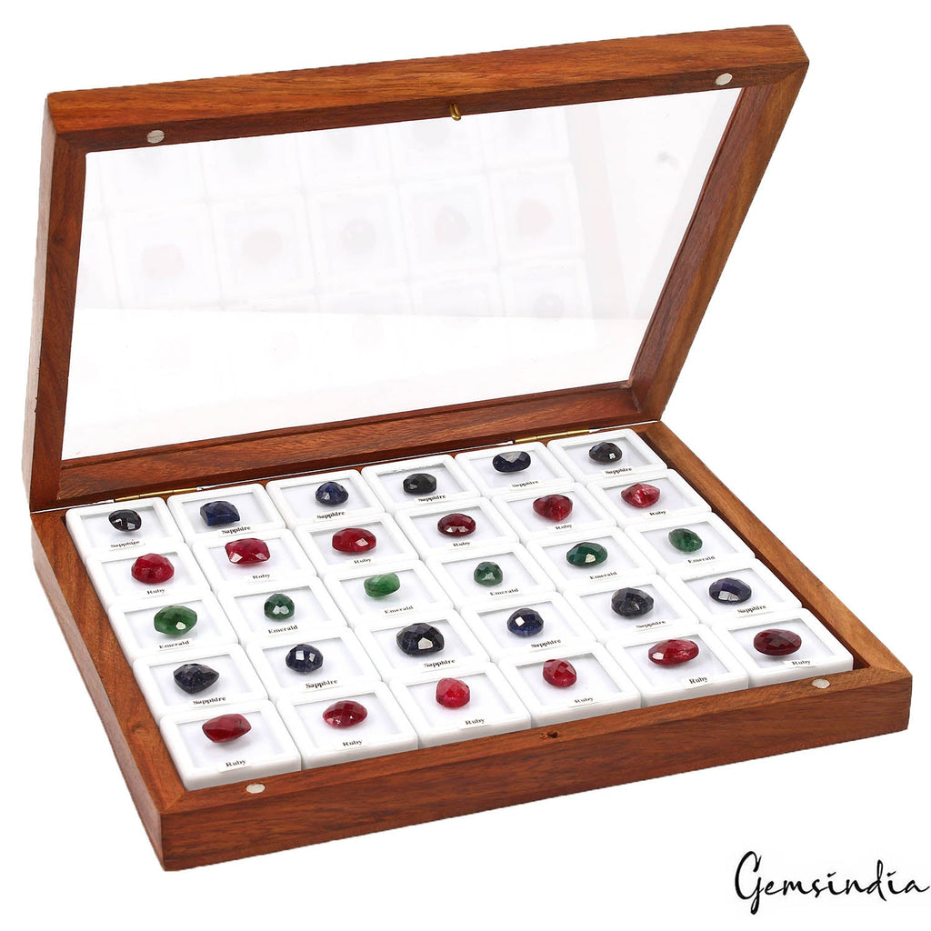 30 Pcs Natural Multi Color Ruby Emerald Sapphire Checker Cut Gems in Wooden Box