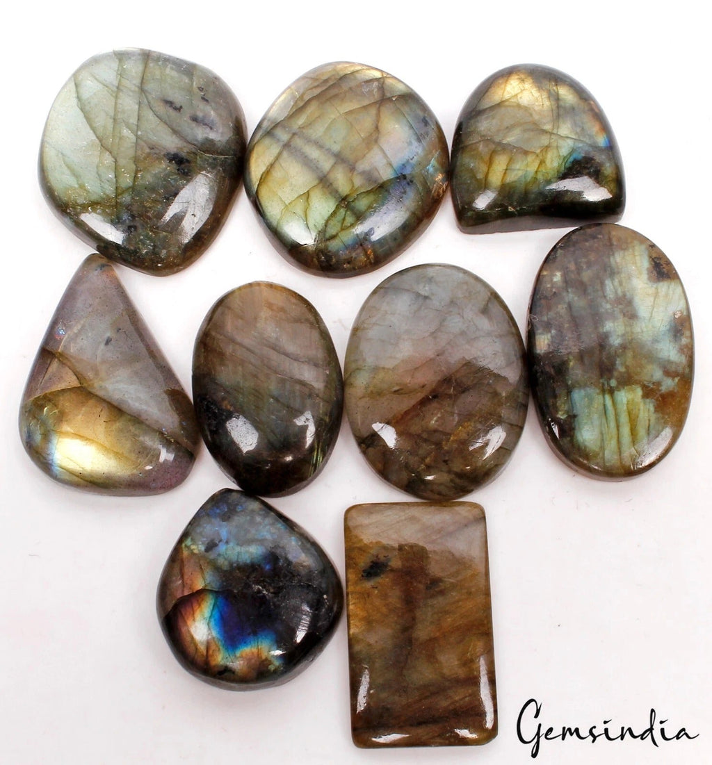 320 Ct Natural Labradorite Multi Shine Loose Mix Cabochon Gemstones Lot~ 9 Pcs