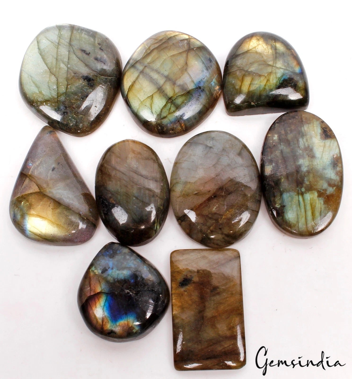 320 Ct Natural Labradorite Multi Shine Loose Mix Cabochon Gemstones Lot~ 9 Pcs