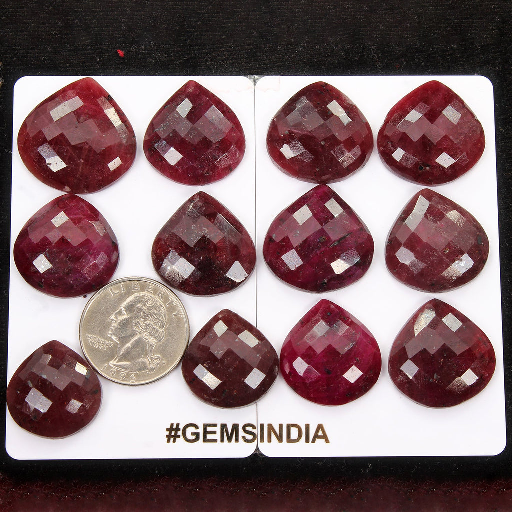 12 Pcs Natural Dark Red Ruby Heart Checker Cut 21-27mm Gemstones w/Flat Back