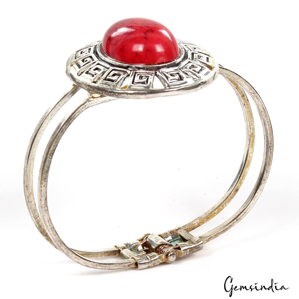 30.90 Gram Red Oval Hand Carved Bangle Bracelet Antique Fashion Jewelry 62mm