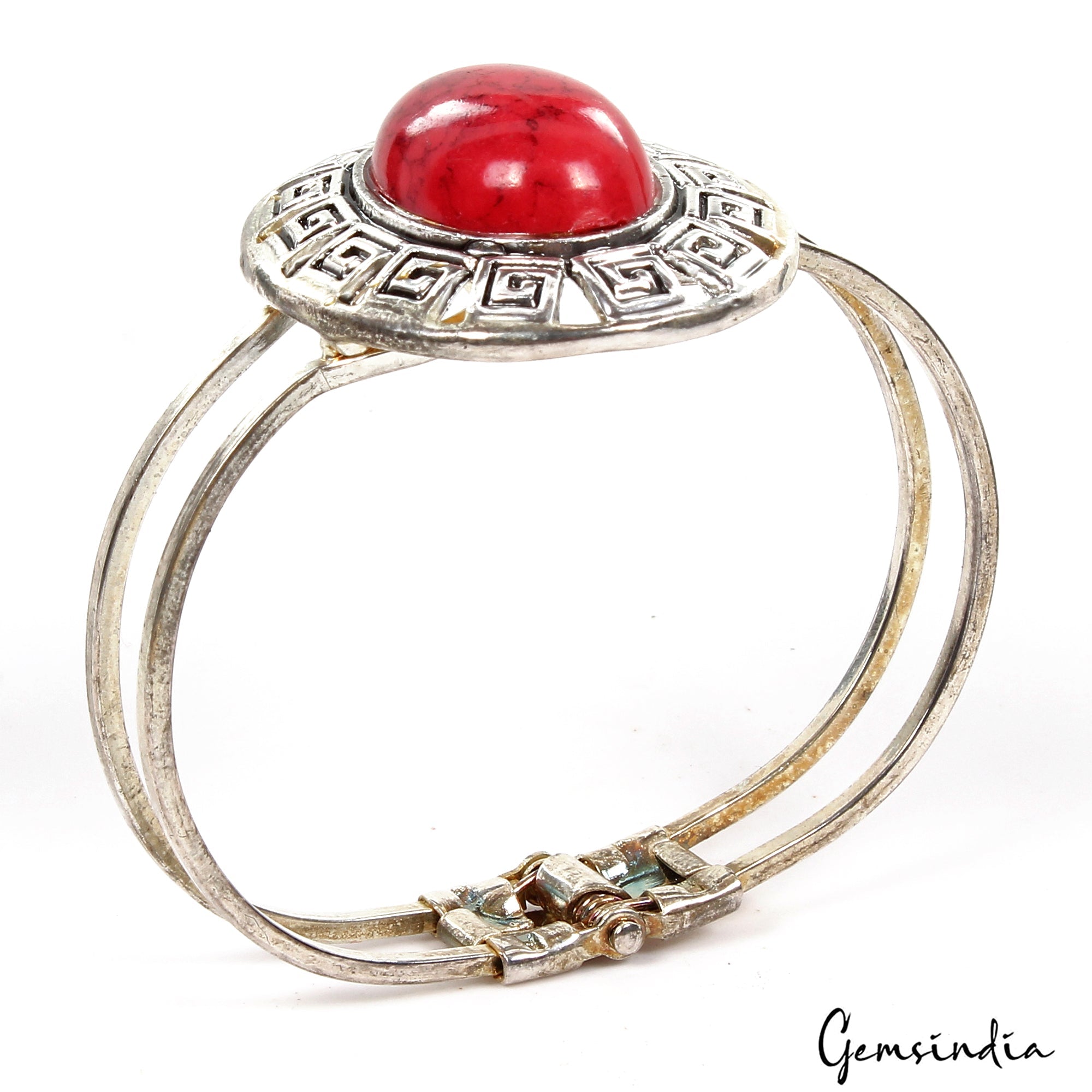 30.90 Gram Red Oval Hand Carved Bangle Bracelet Antique Fashion Jewelry 62mm