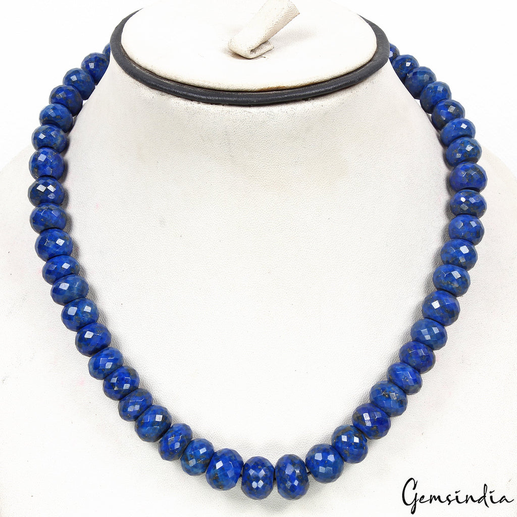 450 Cts/49 Pcs Natural Blue Lapis Lazuli Round Checker Cut Drill Bead Strand 18"