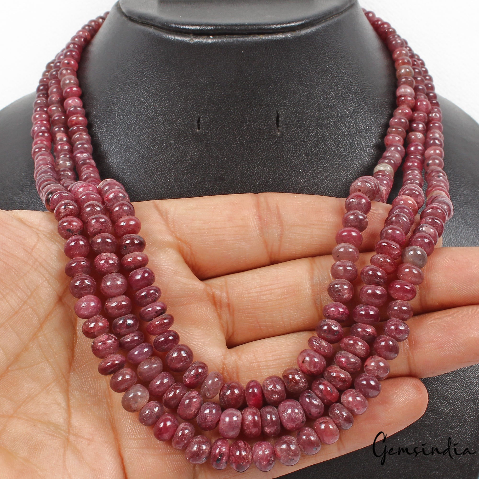 660 Cts Natural Red Ruby Round Cab Beaded Handmade 3 Strand Adjustable Necklace