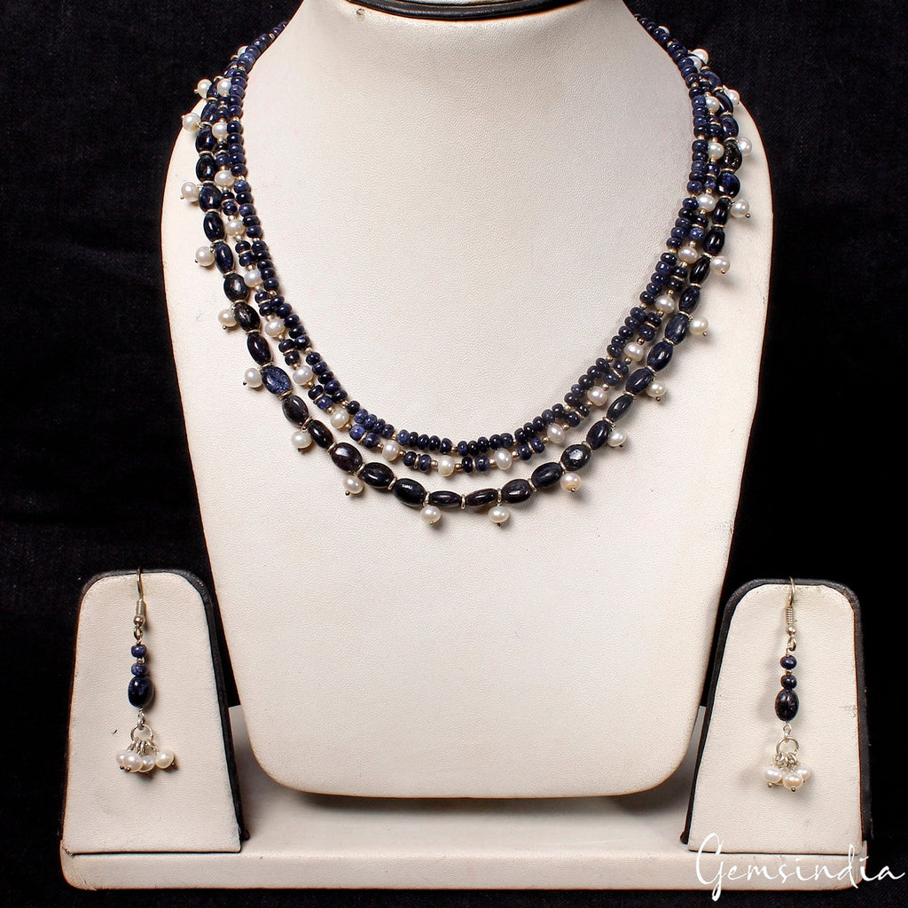 19" Handmade 3 Lines Natural Sapphire Pearl Necklace Earrings jewelry set~452 Ct