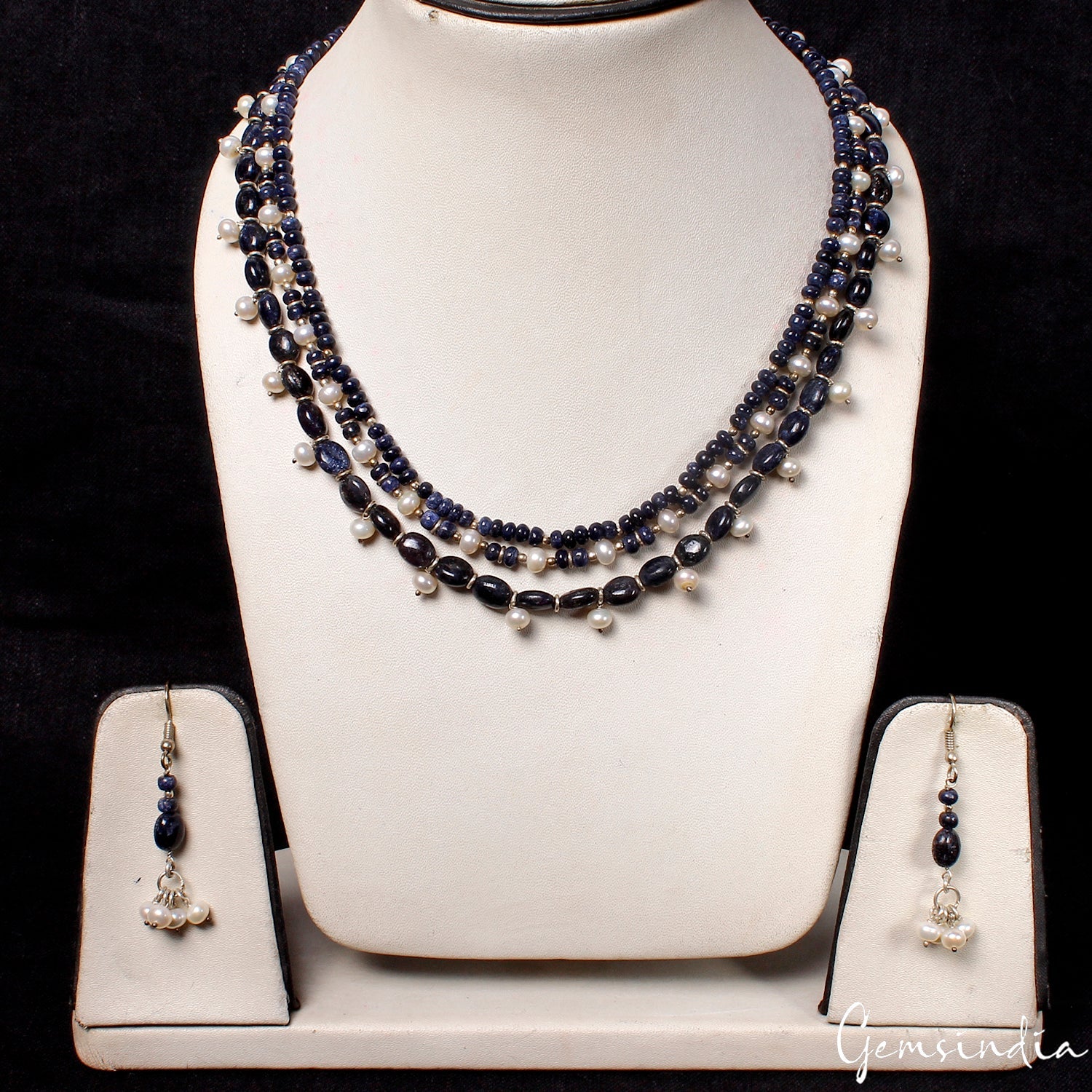 19" Handmade 3 Lines Natural Sapphire Pearl Necklace Earrings jewelry set~452 Ct
