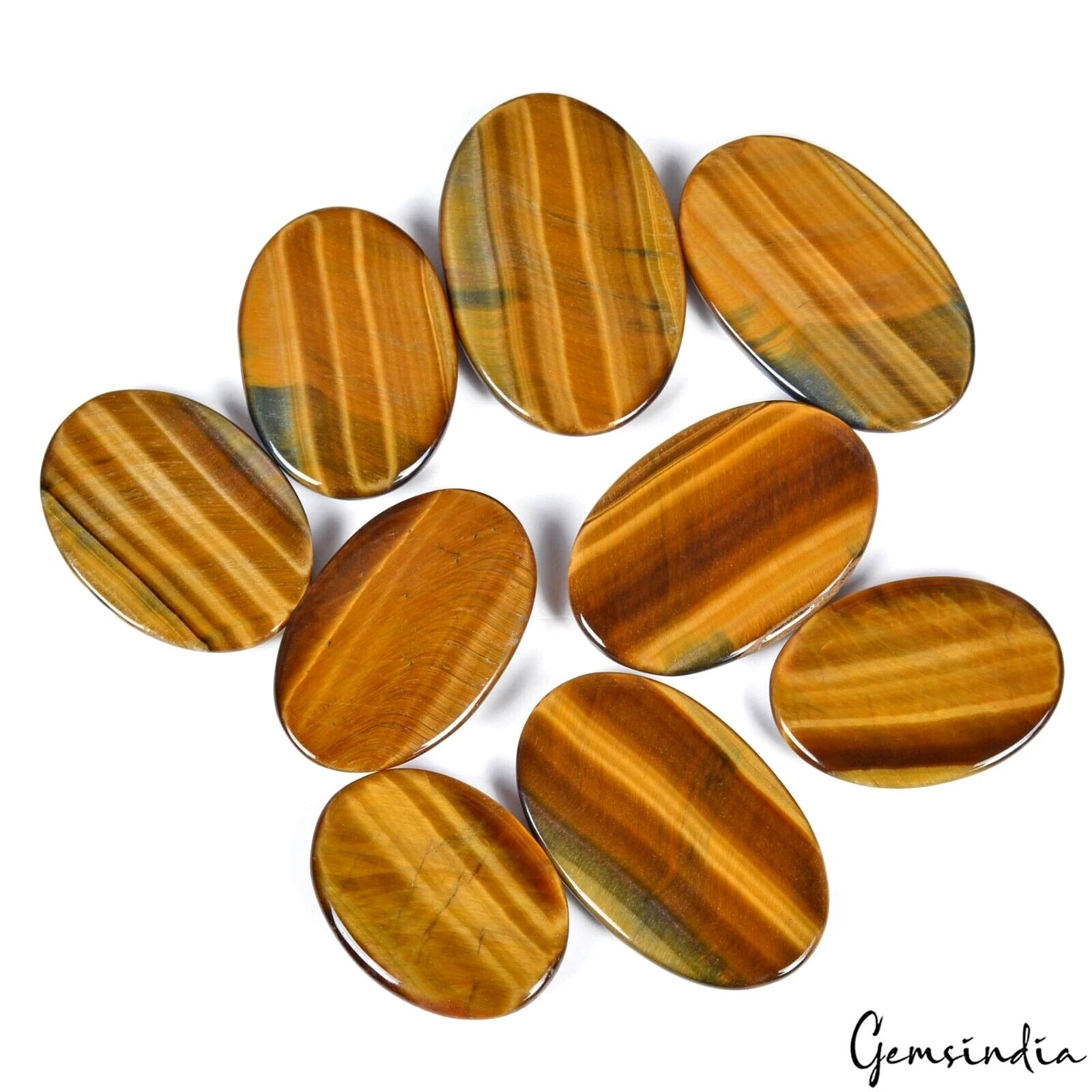Tiger Eye Lot, Cabochon, Bi Color — 9 Pieces, 30mm to 39mm, 380 Ct, Madagascar