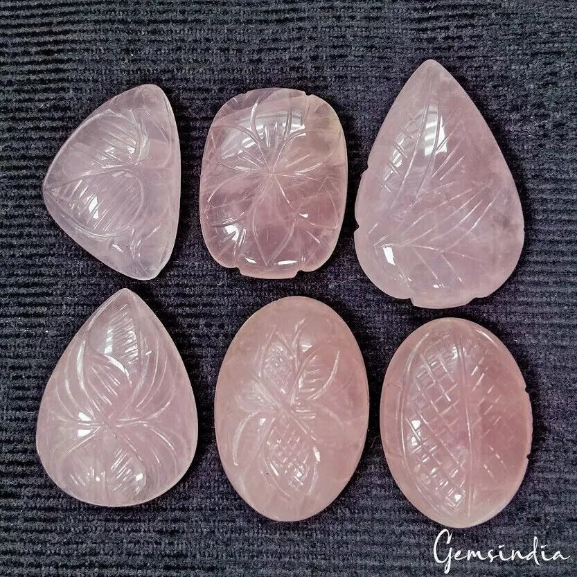 400 Cts/6 Pcs Natural Untreated Pink Rose Quartz Mix Hand Carved Loose Gems Lot