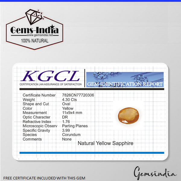4.30 Cts Natural Ceylon Sapphire Yellow Oval Cut Untreated Certified Gemstone