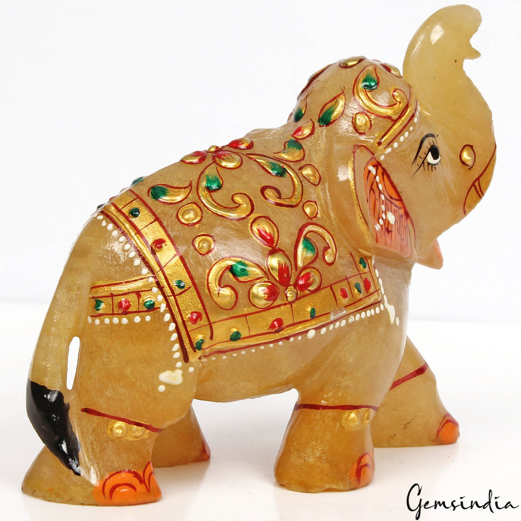 1420 Ct Hand Crafted Gold Painted Trunk Up Elephant Natural Aventurine Sculpture