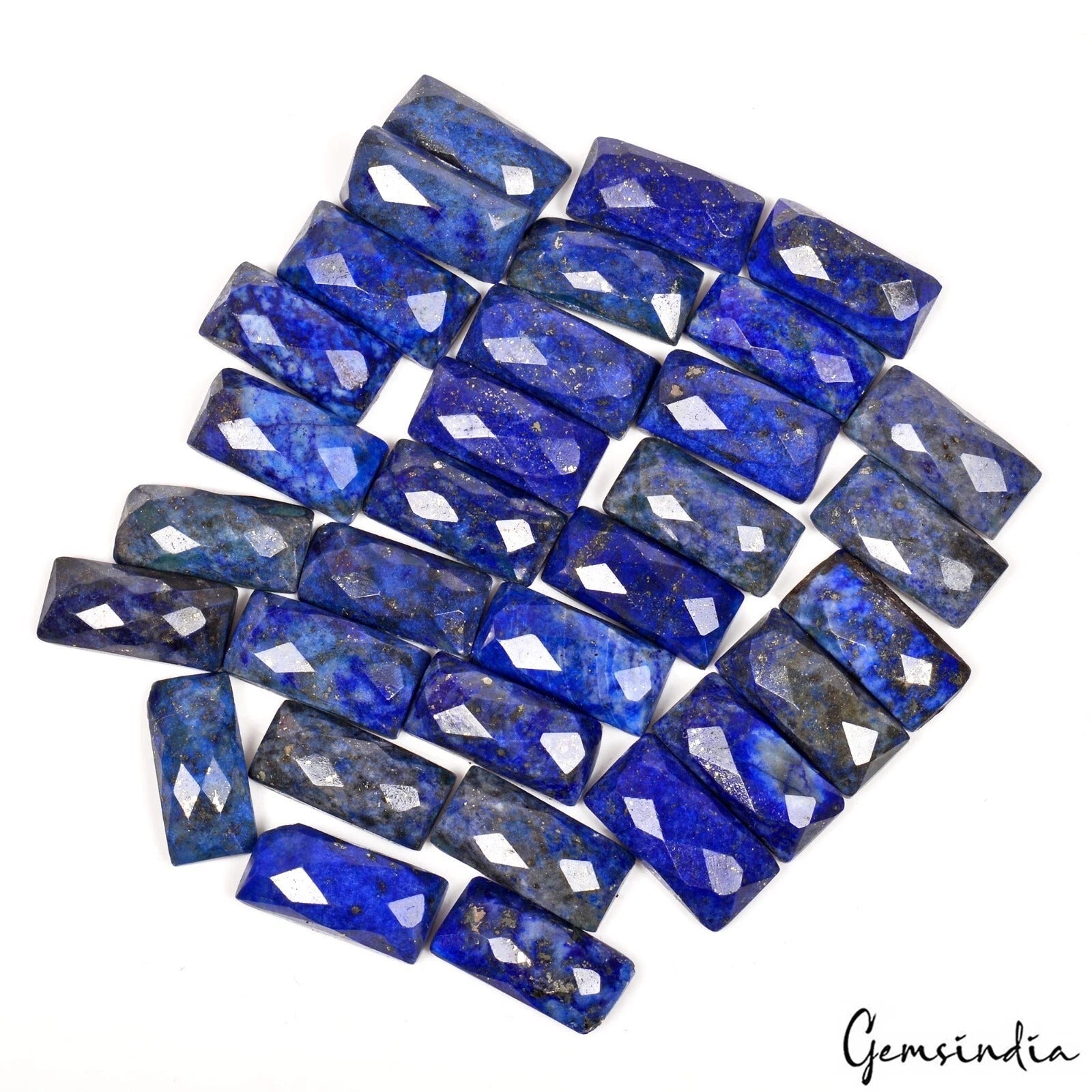 32 Pcs Natural Lapis Lazuli 15x8mm One Side Checker Baguette Loose Gemstones Lot