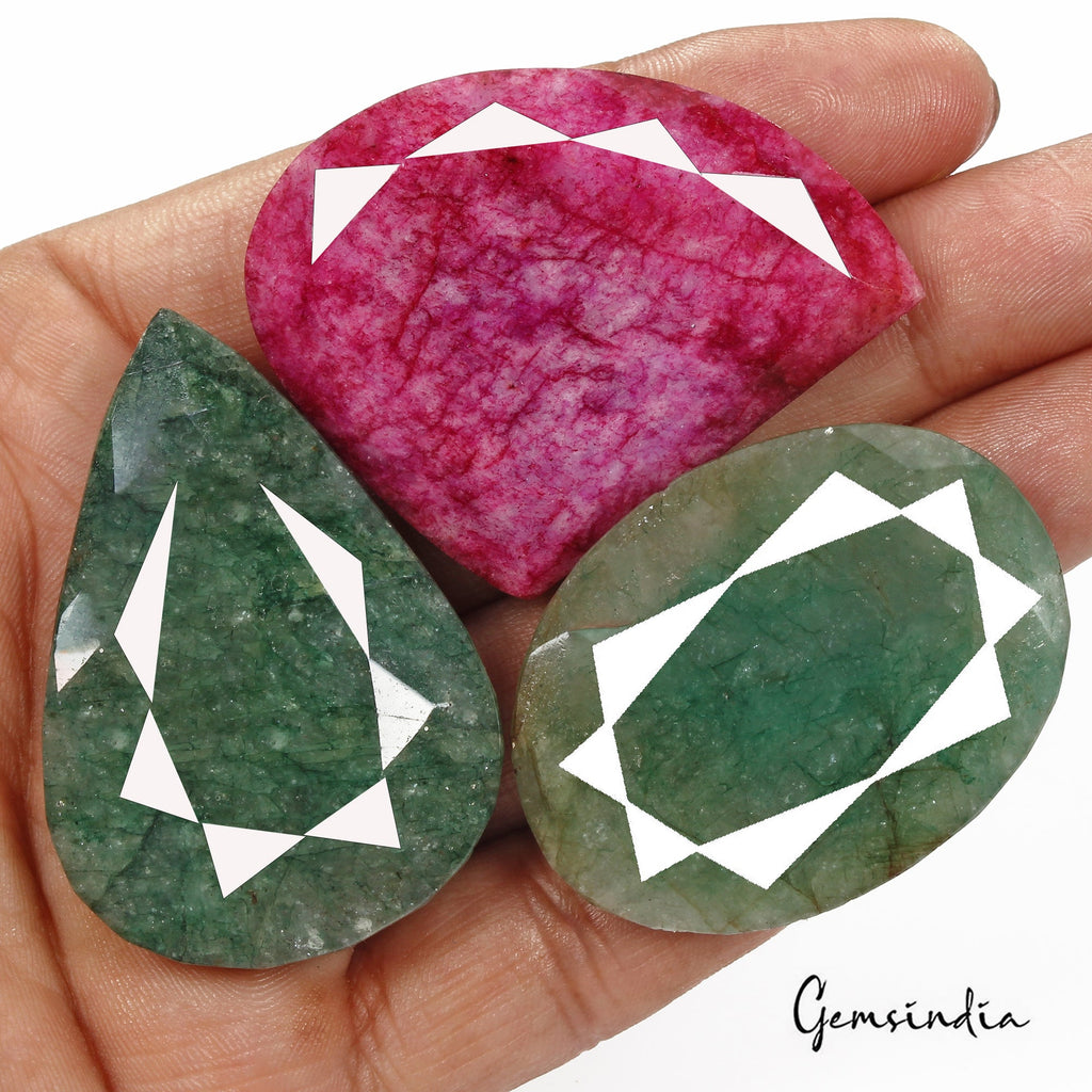 470 Cts/3 Pcs Natural Red Beryl/Green Emerald Mix Cut Loose Gems Lot For Pendant