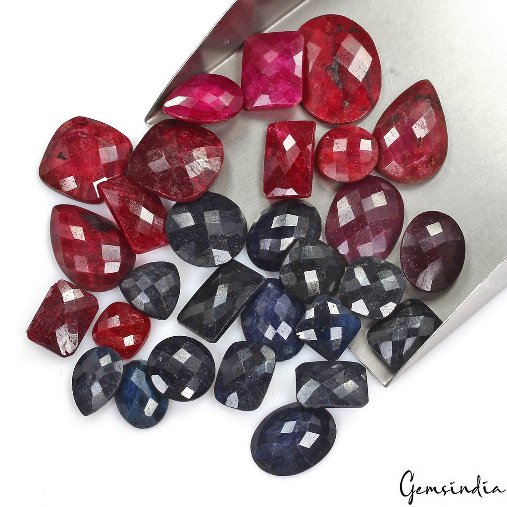 500 Cts/29 Pcs Natural Red Ruby Blue Sapphire Mix Checker Cut Gems For Jewelry