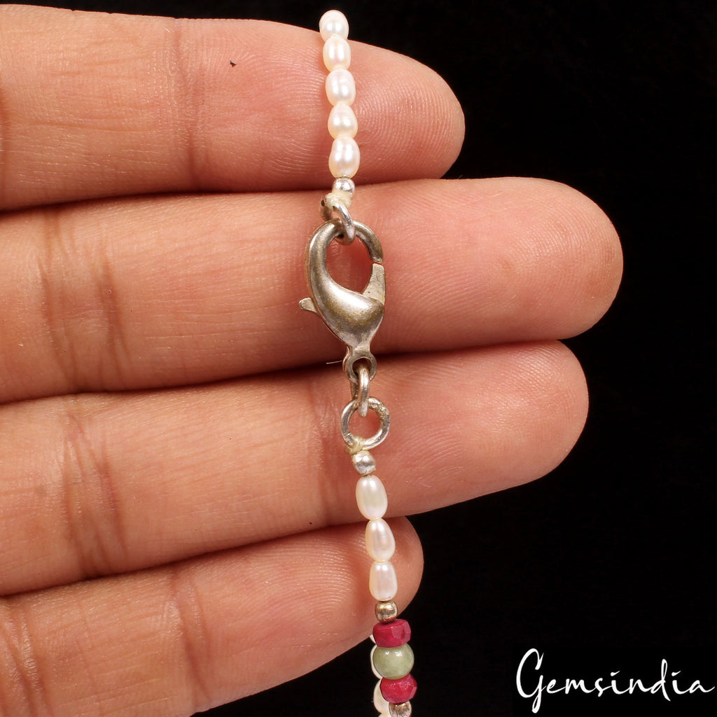 17" Long Designer Rice Pearl, Ruby & Emerald Cabochon Beads Handmade Necklace