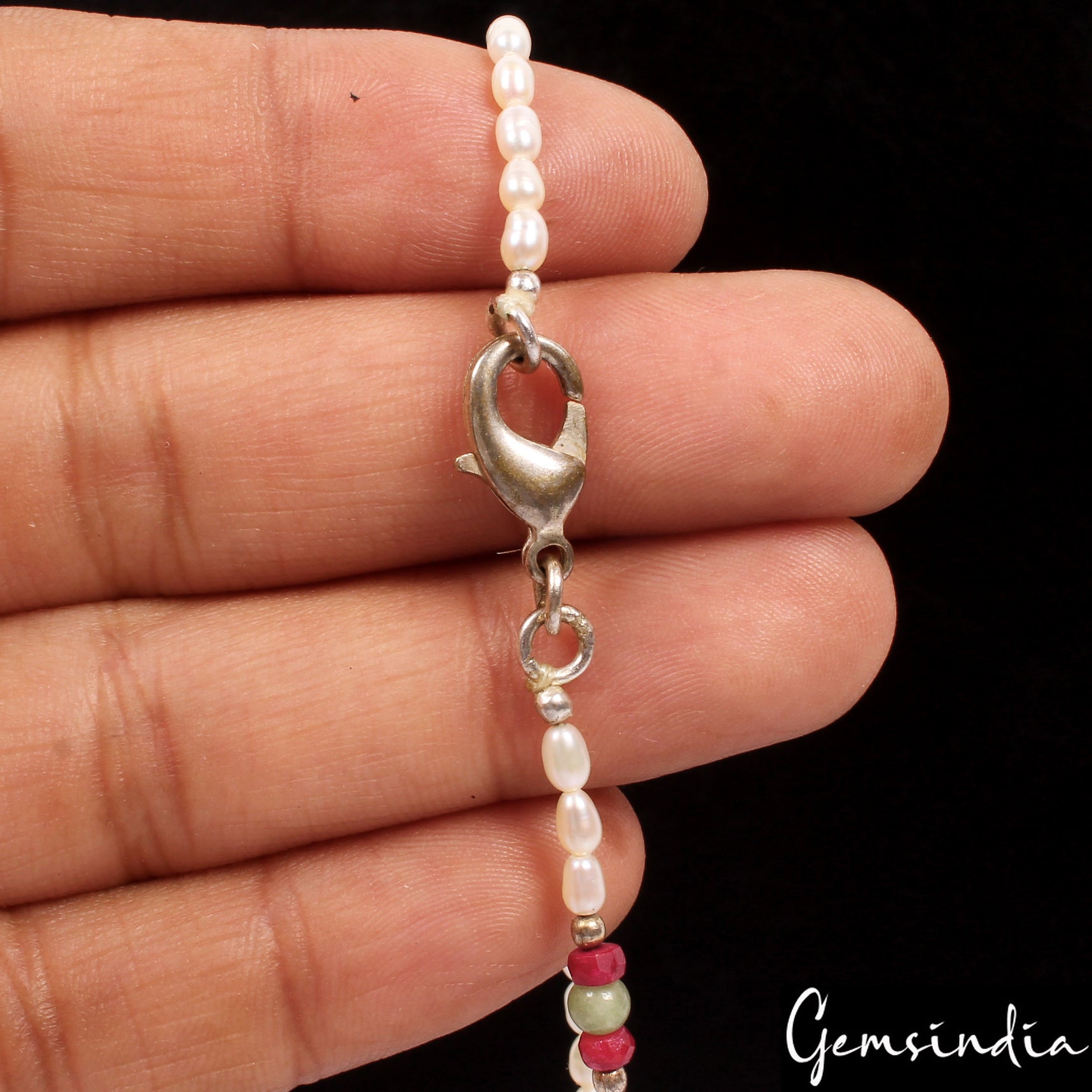 17" Long Designer Rice Pearl, Ruby & Emerald Cabochon Beads Handmade Necklace