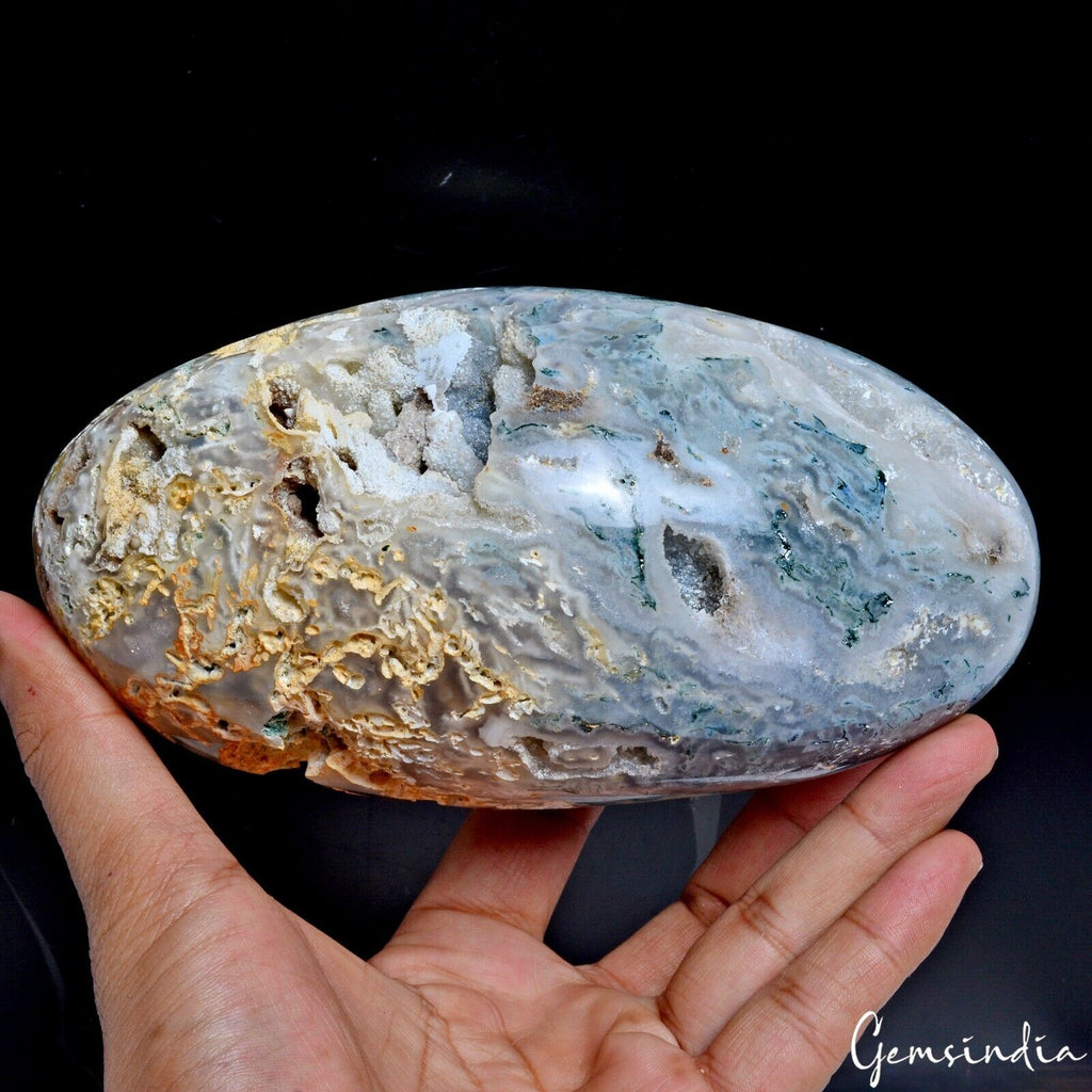 Rare 1.6 Kg Natural Dendrite Moss Agate Druzy Crystal Egg Shape Geode Specimen