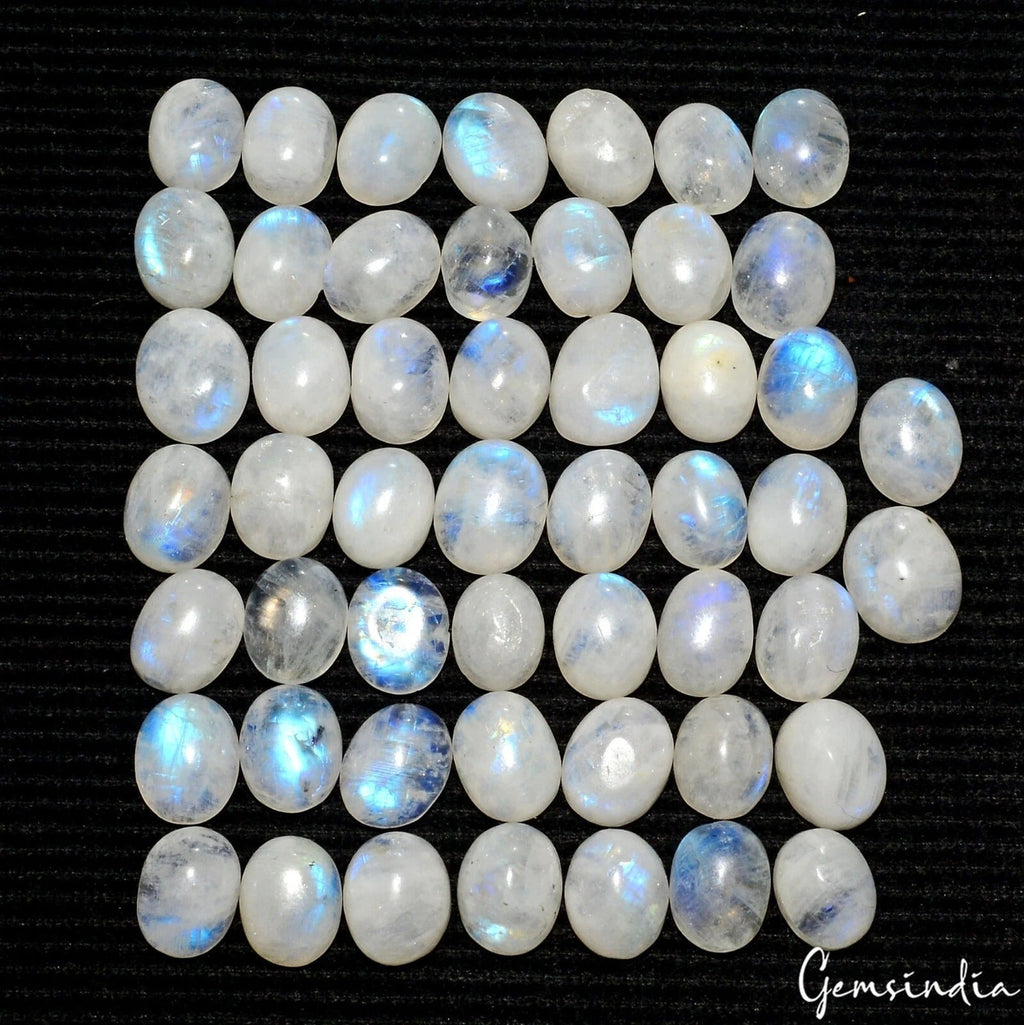 51 Pcs Natural Rainbow Moonstone 9-10mm Oval Blue Shines Cabochon Gemstones Lot