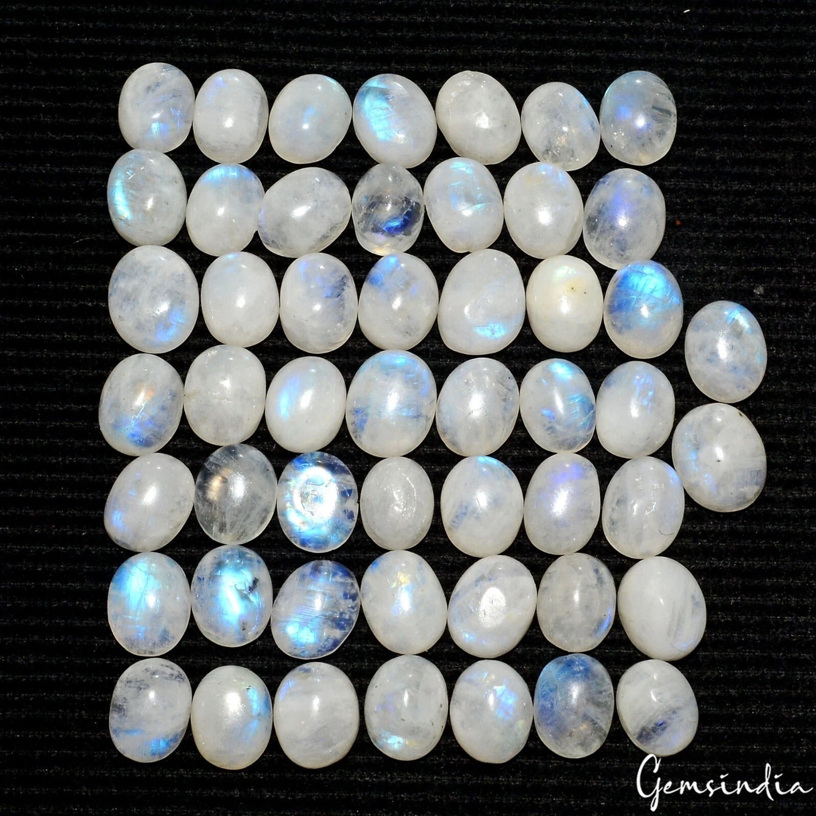 51 Pcs Natural Rainbow Moonstone 9-10mm Oval Blue Shines Cabochon Gemstones Lot