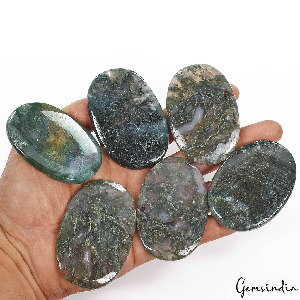 Moss Agate Lot, Loose Gemstone, Assorted Cabochon, Untreated — 6 Pieces, 64mm to 69mm, 1120 Ct
