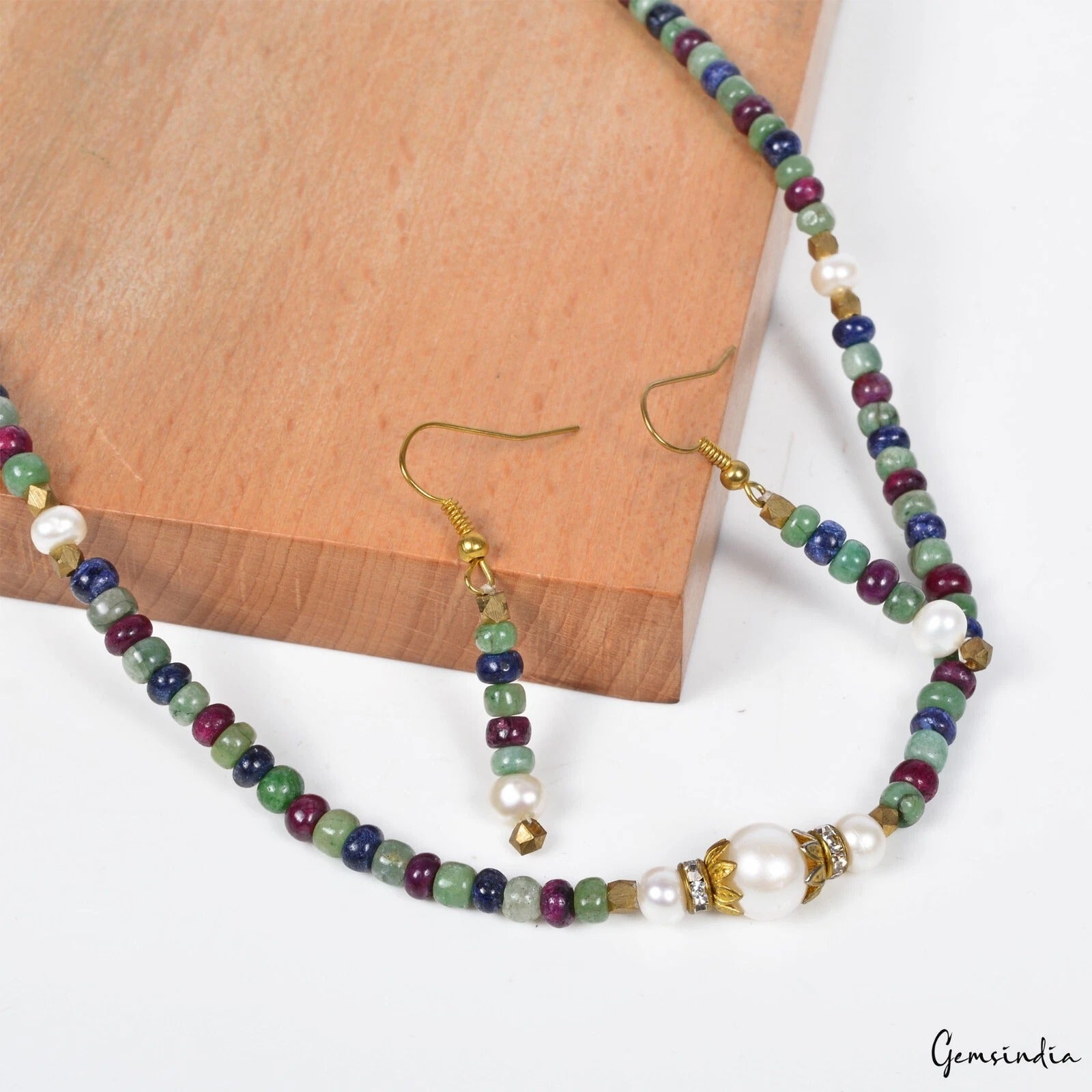 134.50 Ct Natural Multi Color Emerald Ruby Sapphire Gem Round Beaded Jewelry Set