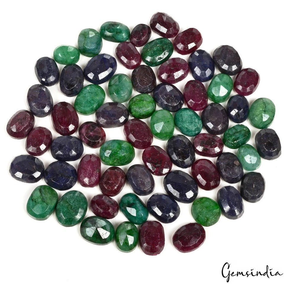 Certified 970 Cts/62 Pcs Natural Multi Color Emerald Ruby Sapphire Oval Gems Lot