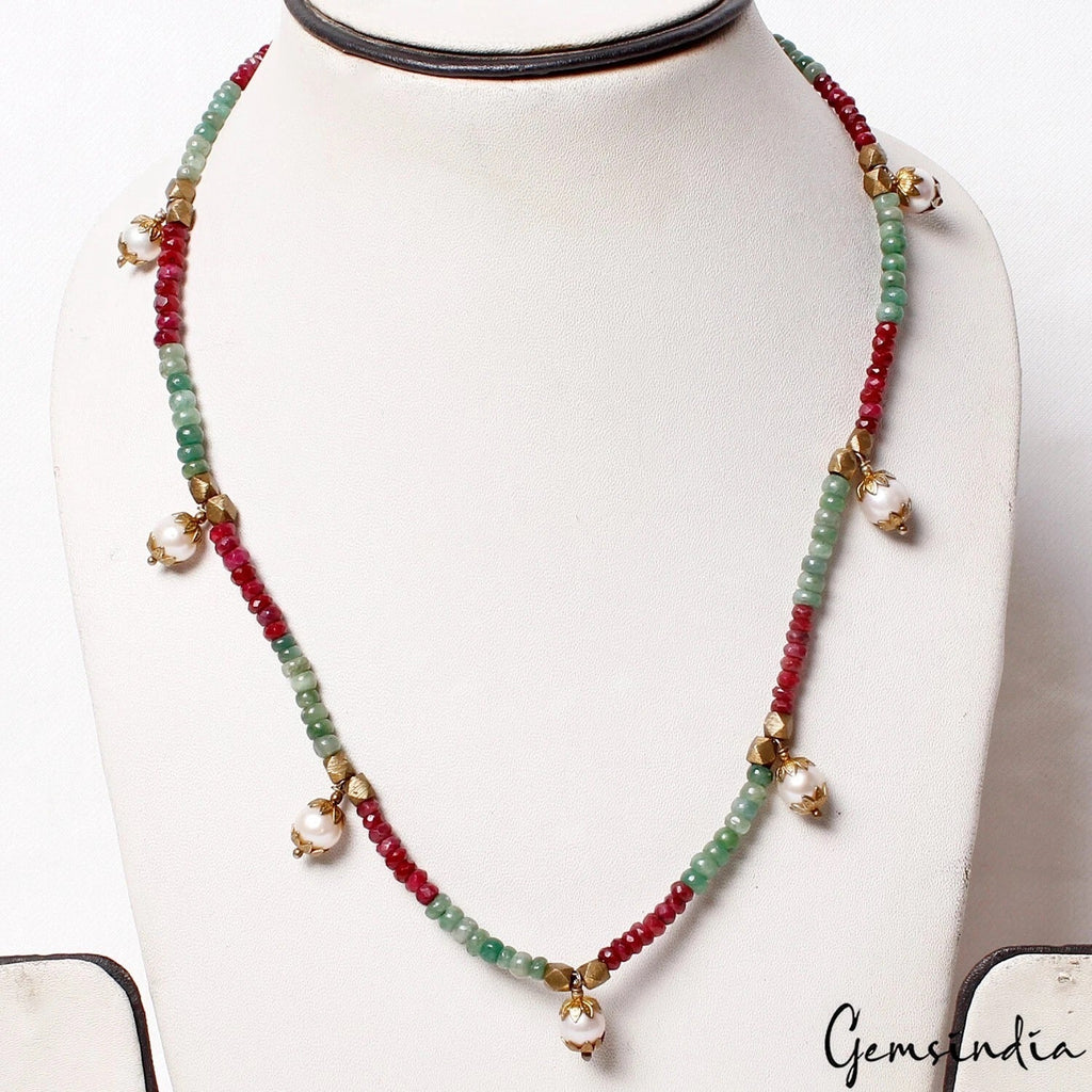 179.50Ct Natural Red Ruby Green Emerald Freshwater Pearl Gem Beaded Necklace 20"