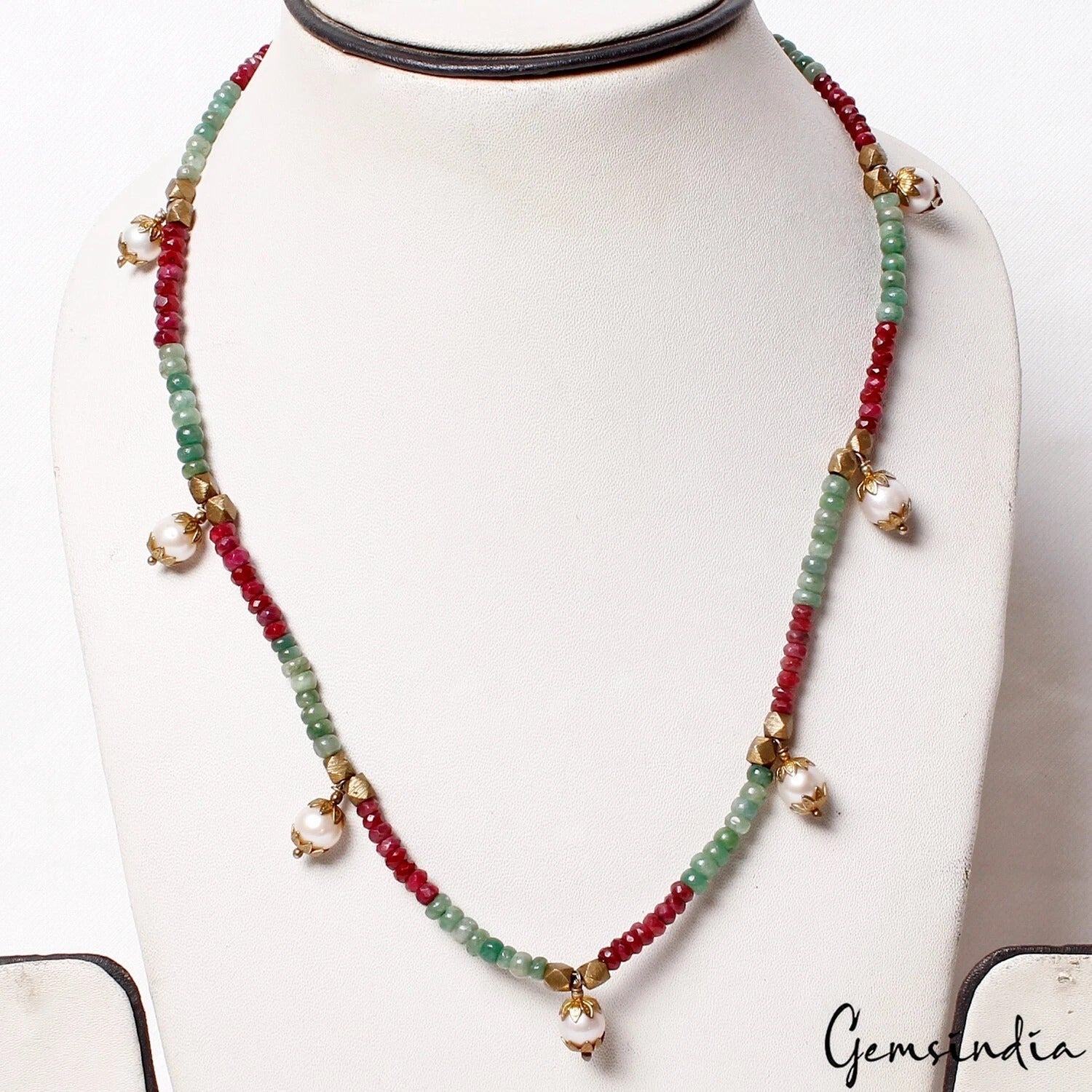 179.50Ct Natural Red Ruby Green Emerald Freshwater Pearl Gem Beaded Necklace 20"