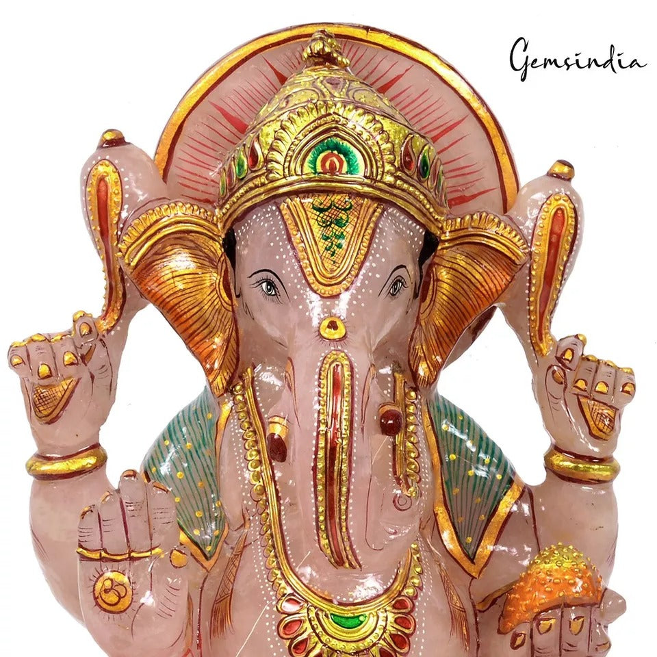 5.7Kg Natural Pink w Golden Paint Rose Quartz Singlestone Lord Ganesha Sculpture